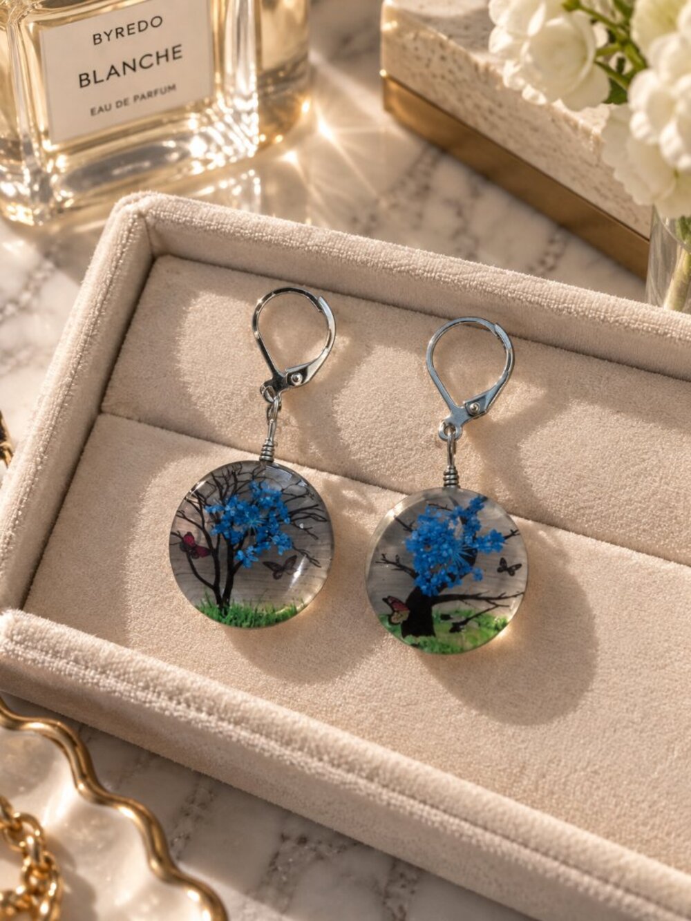 Handmade Pressed Flower Resin Teardrop Earrings Blue Botanical One Size